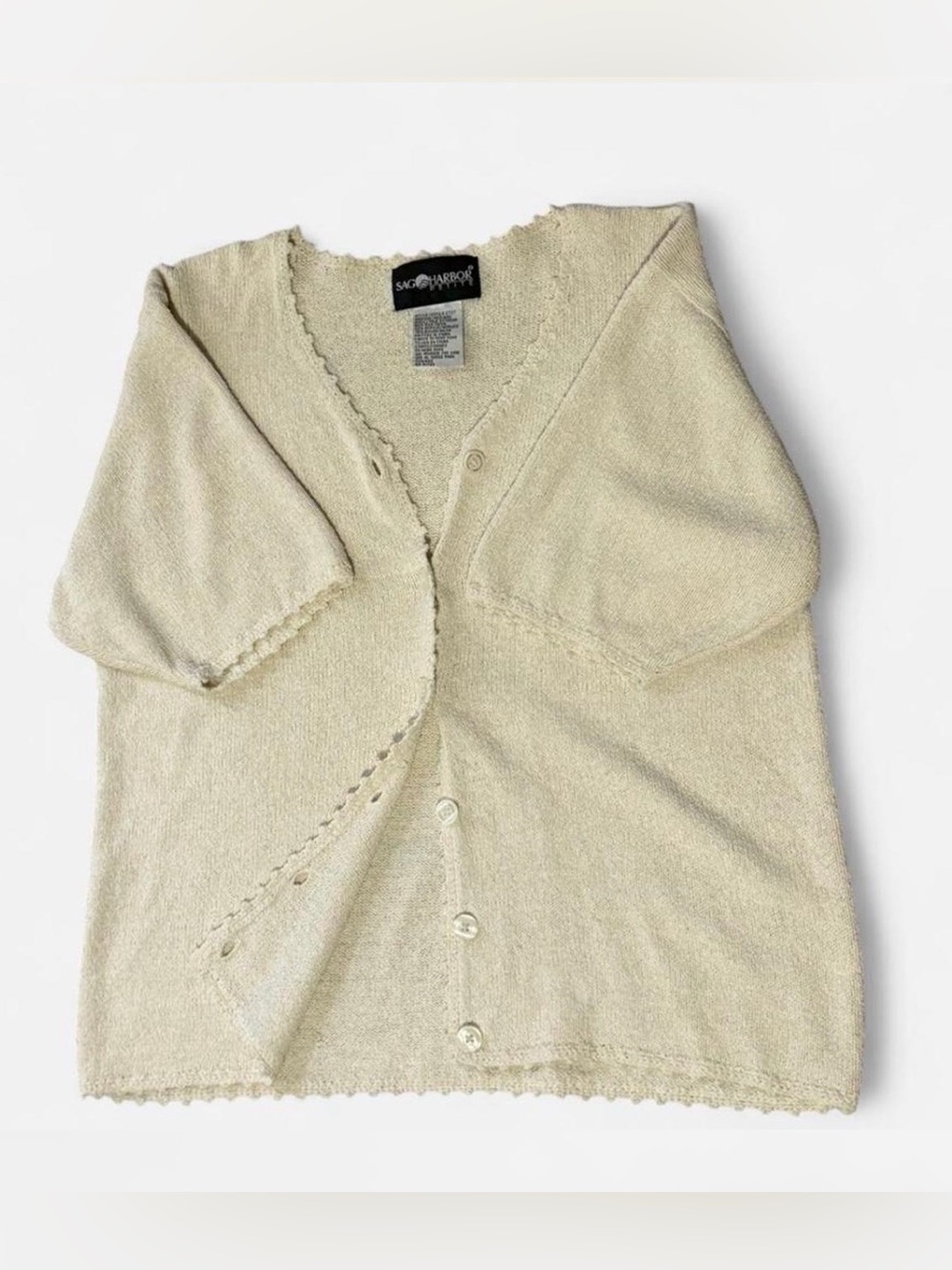Cream Sag Harbor cardigan with scalloped hem and button-up front. Size M